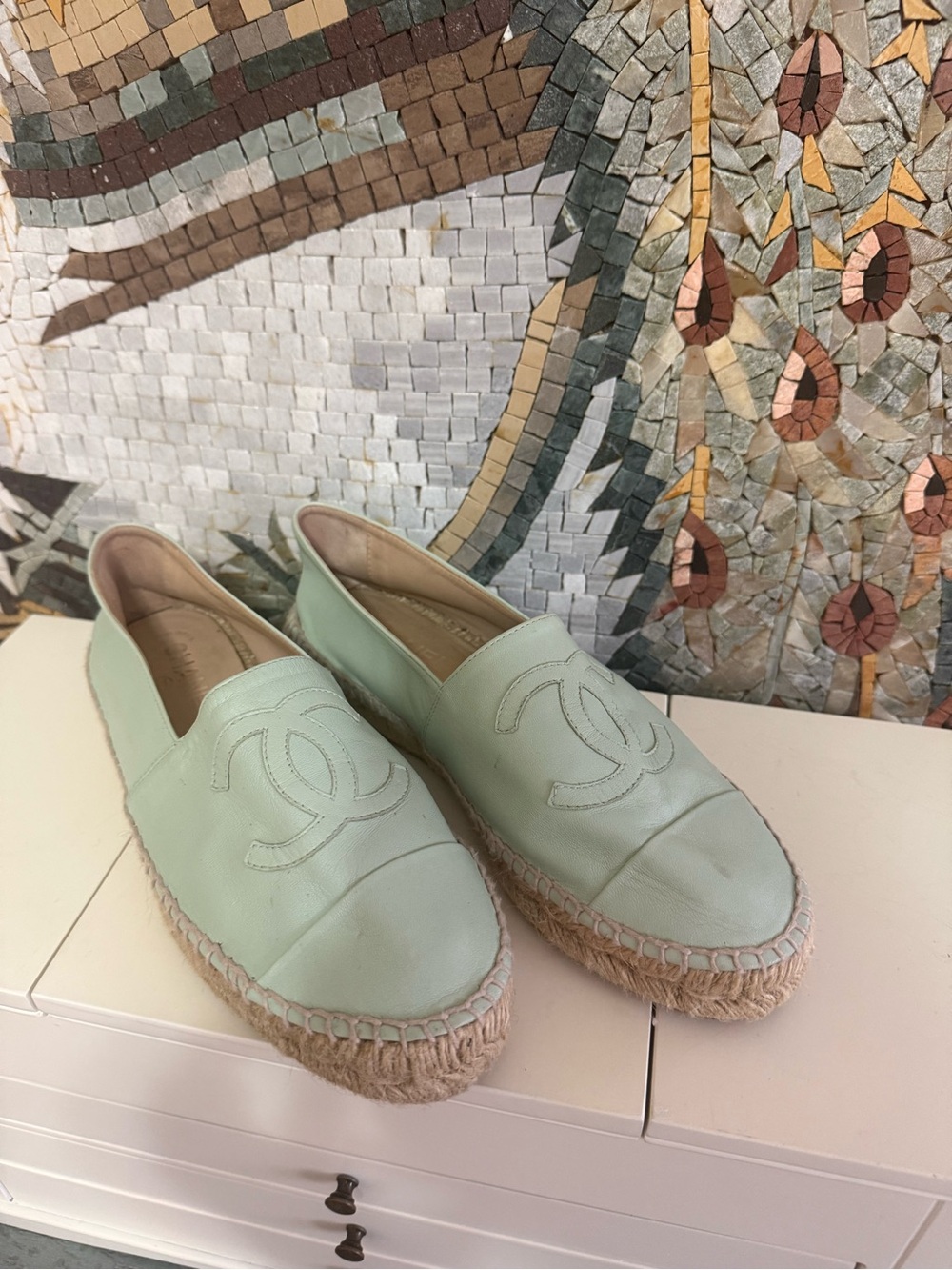 CHANEL Mint Green Leather Espadrille Flats with Logo